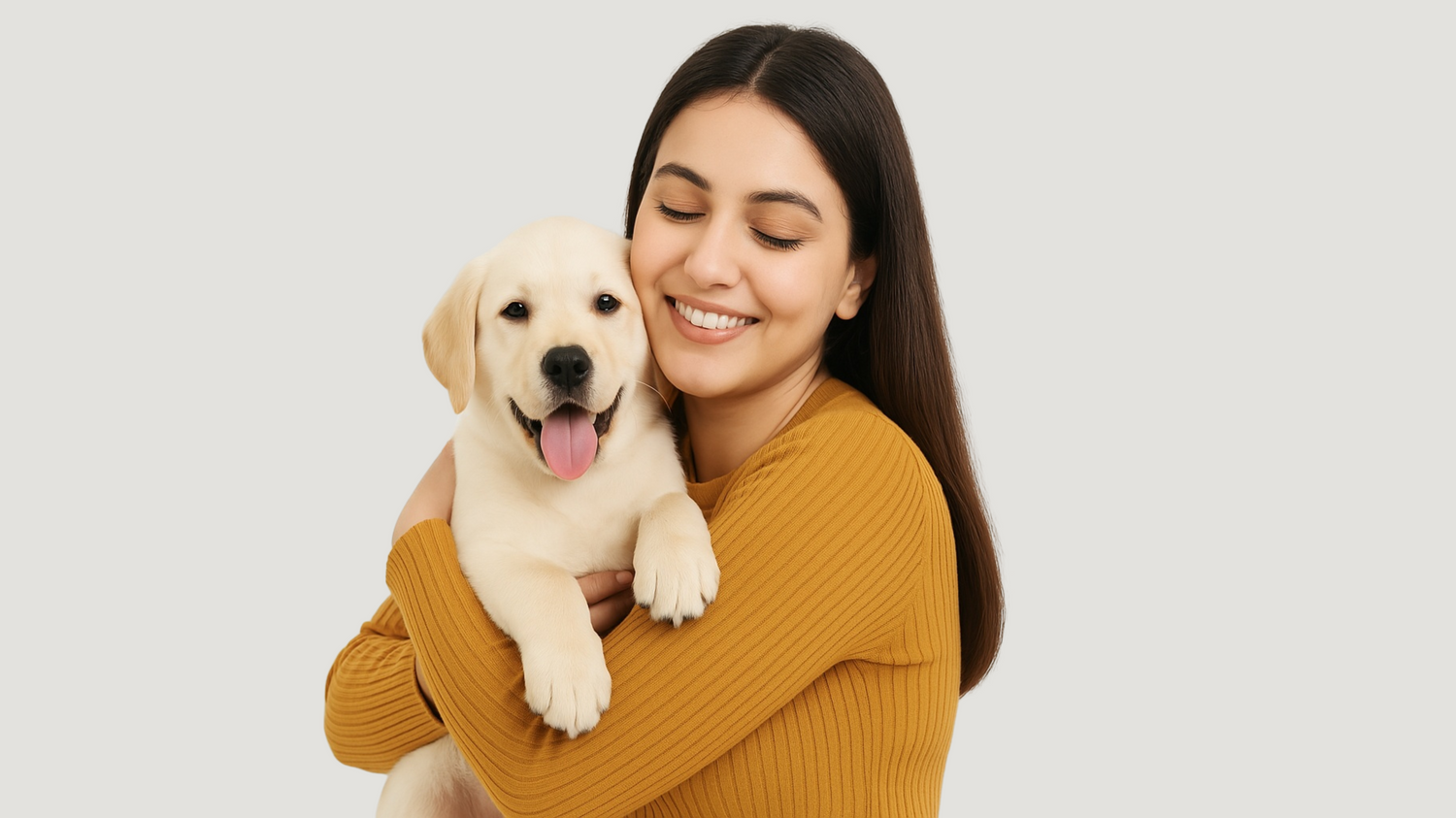 A girl cuddling a puppy. Fresh Puppy that have used pet perfume